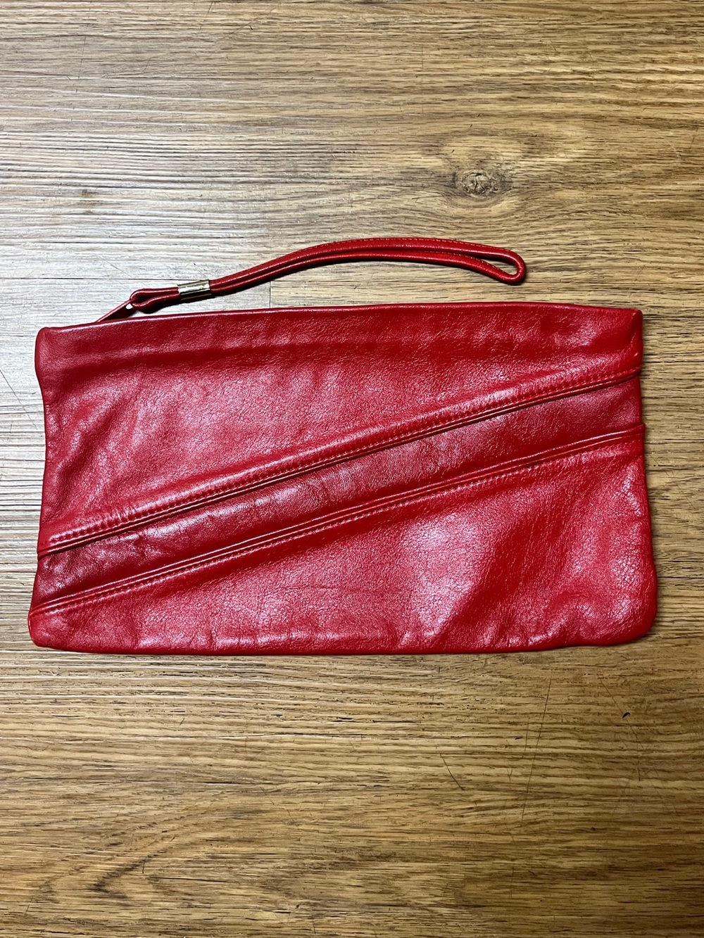 Vintage 90s Bright Red Genuine Leather Clutch Large Wristlet Purse Bag Korea